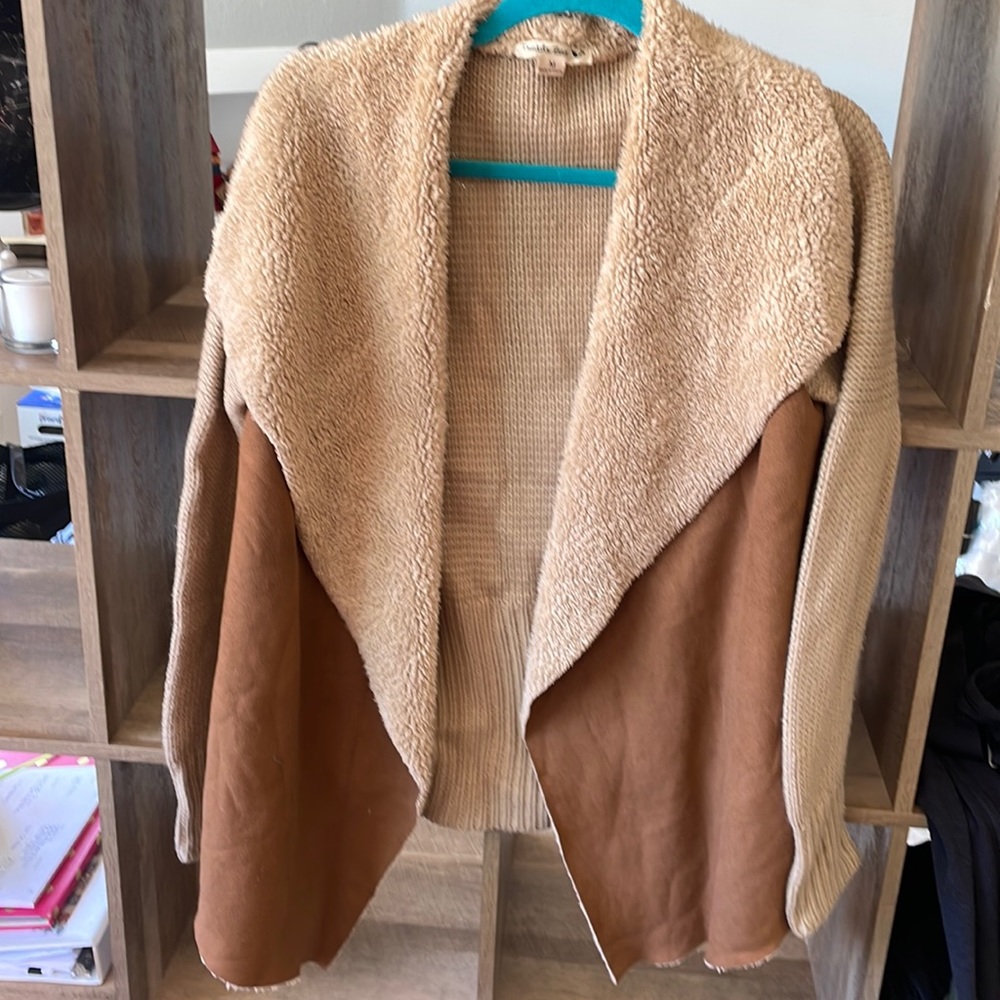 Suede Knit Sherpa Open Cardigan Sweater brown camel color